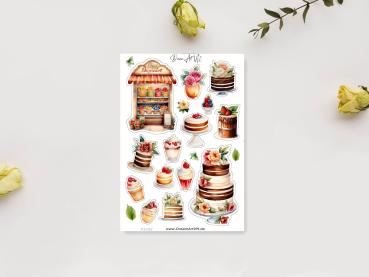 Preview: 3 Süßigkeiten Stickerbogen Bundle – Köstliche Desserts & Kuchen Preview: Stickerbogen mit handgezeichneten Dessertmotiven, darunter eine bunte Vitrine voller Süßigkeiten, mehrstöckige Hochzeitstorten, Cupcakes und kleine Desserts mit Blumen- und Fruchtdekorationen. Perfekt für kreative Projekte und zum Verzieren von Planern, K